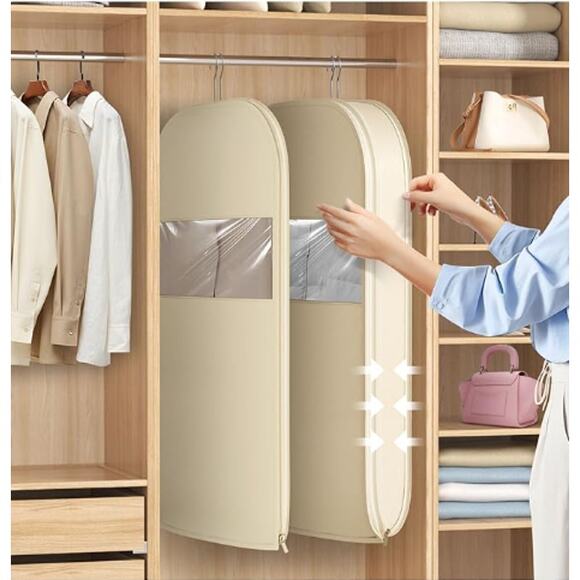 Space Saving Hanging Garment Bag with Self Compression Zipper, Beige - Picture 1 of 3